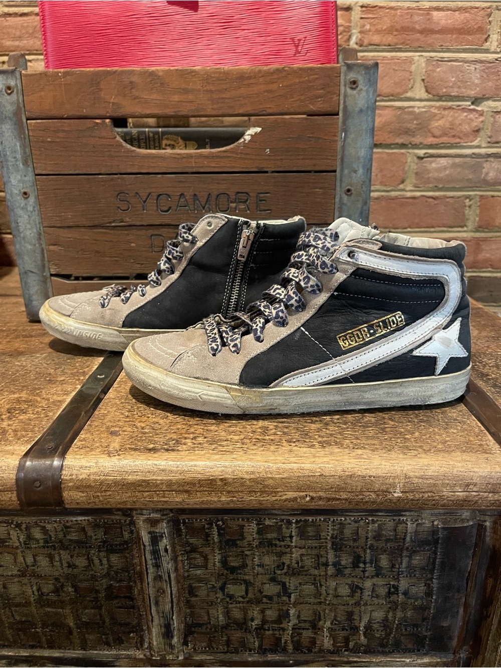 Golden Goose Slide High-Top Sneakers in Black and Gray with White Star 38 7.5